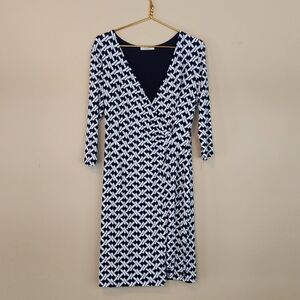 GILLI  Women's S XLP Navy Blue White 3/4 Sleeve Cute Faux Wrap Dress